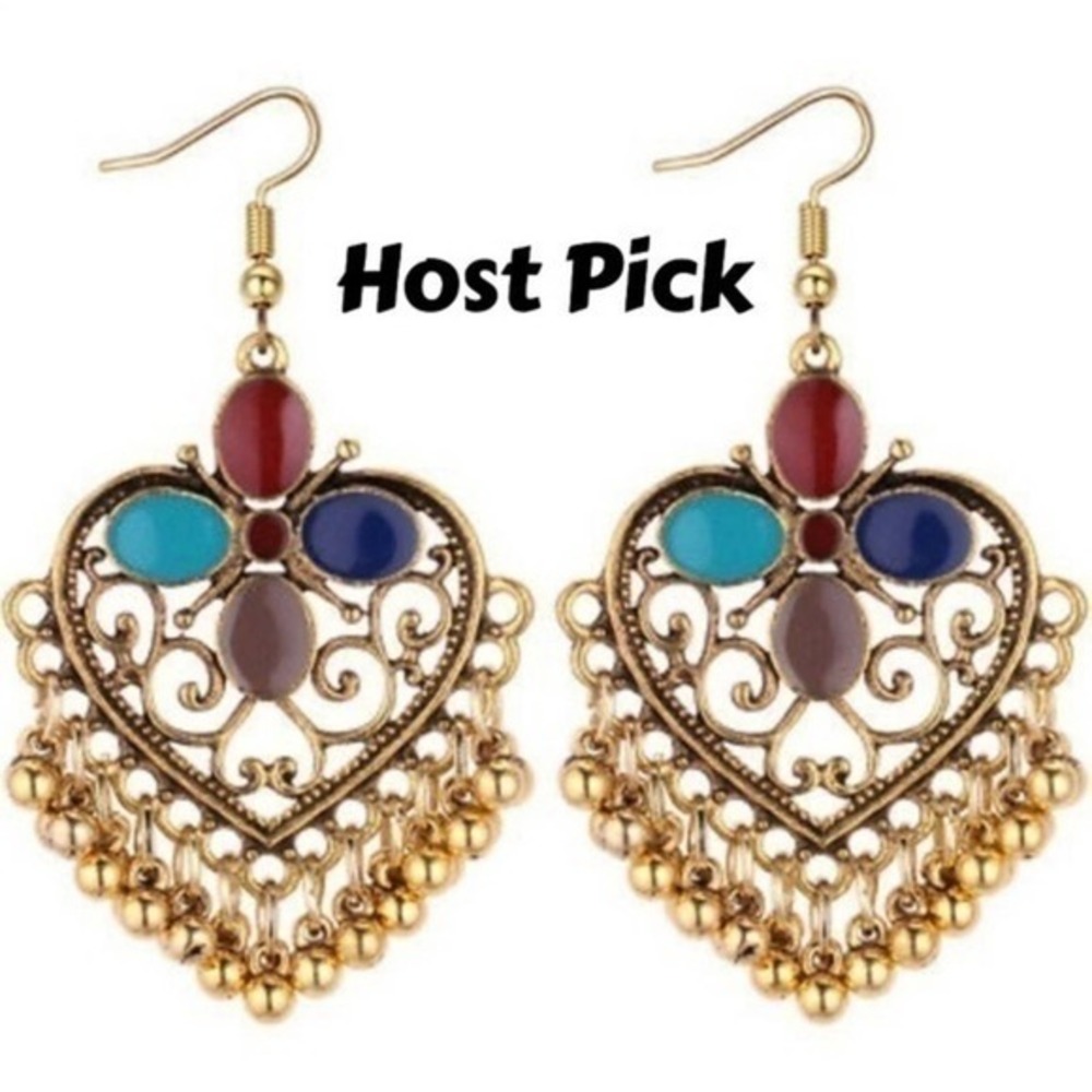Boho Heart Earrings Gold Tone Tassels Gypsy Festival BRAND NEW